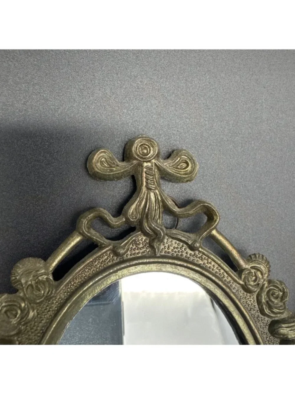 VTG 6” Ornate Gold Bronze Wall Hanging Mirror Set Floral Bow Rocco Gallery Italy